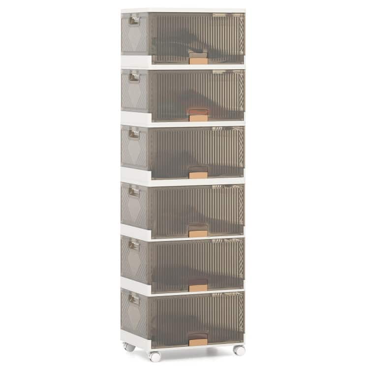 White-Brown PP and ABS Stackable Storage Bin with Wheels, Foldable Cubes - 6 Tier