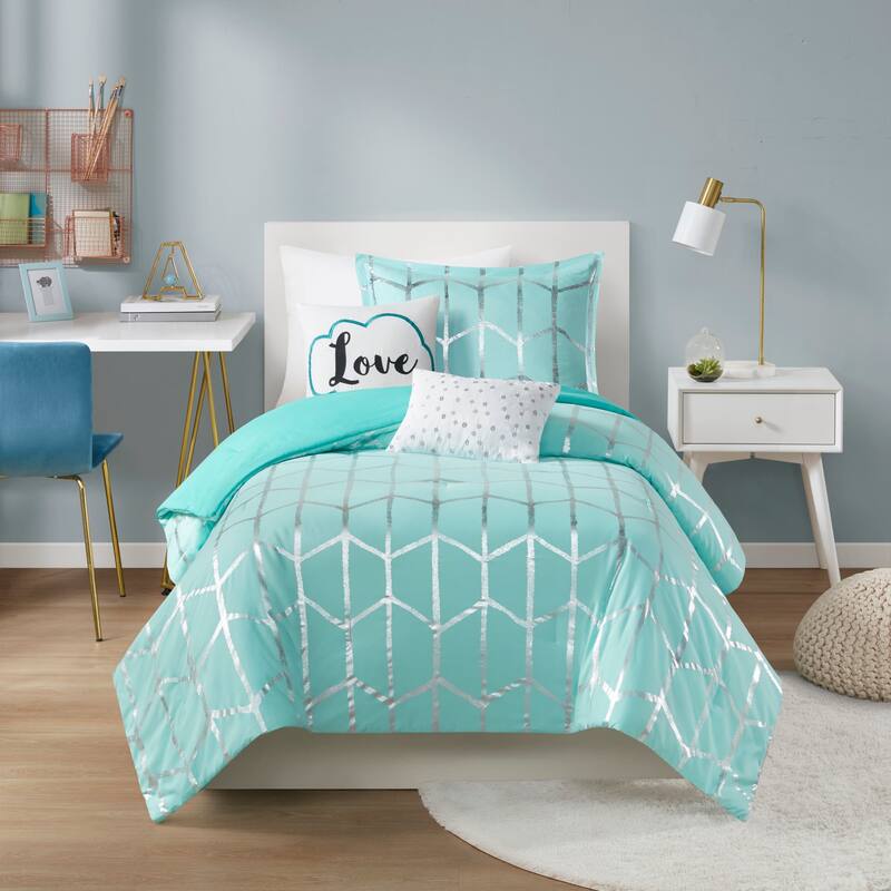 Intelligent Design Khloe 5-pc. Metallic Printed Comforter Set - Aqua/Silver - Twin - Twin XL