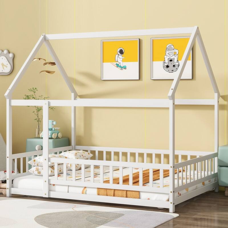 Full Size Wooden House Floor Bed with Roof Frame and Safety Guardrails
