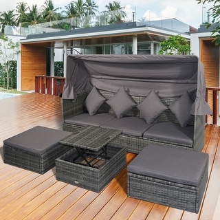 Outsunny 4 Piece Outdoor Rattan Wicker Sofa Set with Adjustable Conopy