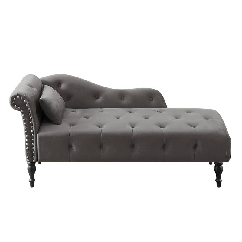 60.6" Velvet Chaise Lounge Buttons Tufted Nailhead Trimmed Solid Wood Legs with 1 Pillow,Burgundy (Left Arm Design)