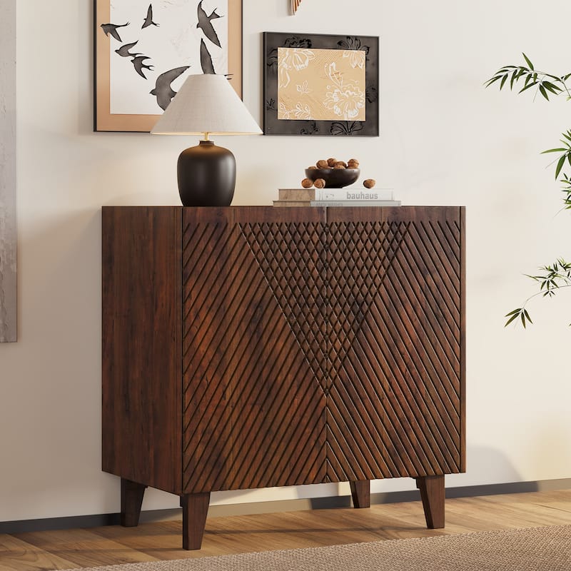 Sideboard Buffet Cabinet with Storage with Fluted Design and Adjustable Shelf, Wood Accent Cabinet for Living Room, Entryway - Honey