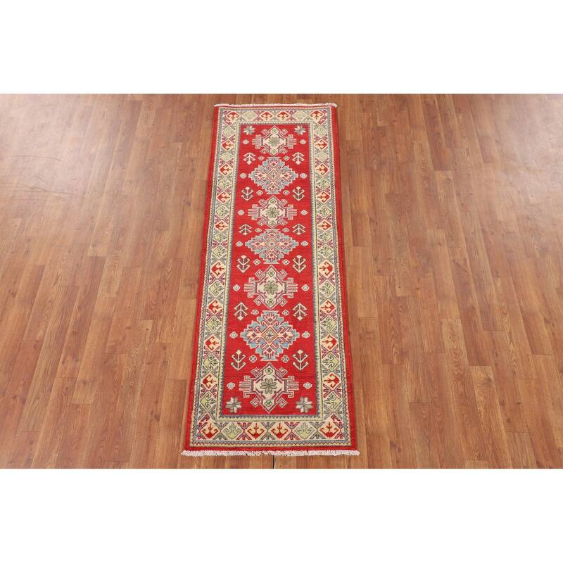 Red Geometric Kazak Oriental Runner Rug Handmade Wool Carpet - 2'1" x 5'10"