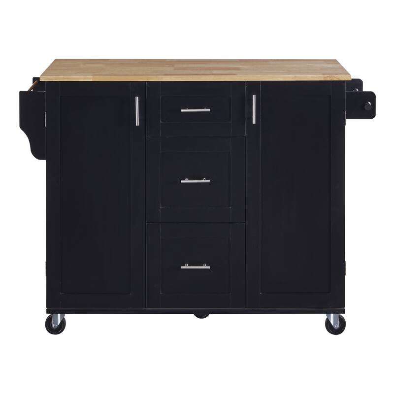 50'' Rubber Wood Kitchen Island with 3 Drawer, Rolling Wheels, 2 Slide-Out Shelf and Internal Storage Rack