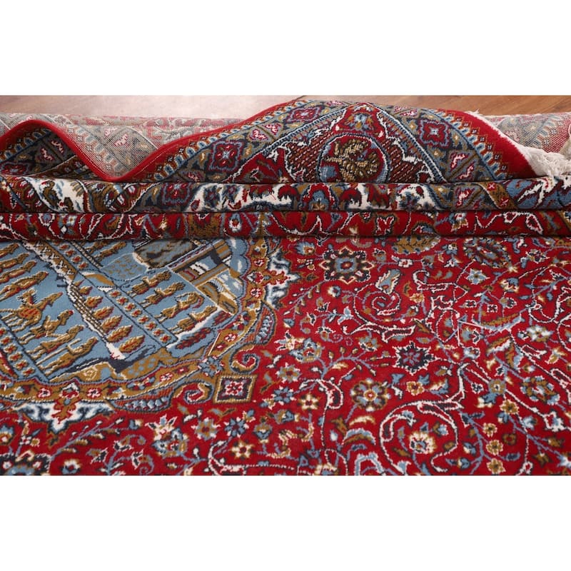 Pictorial Red Floral Kashan Turkish Area Rug Machine-Made Carpet - 9'8" x 12'11"