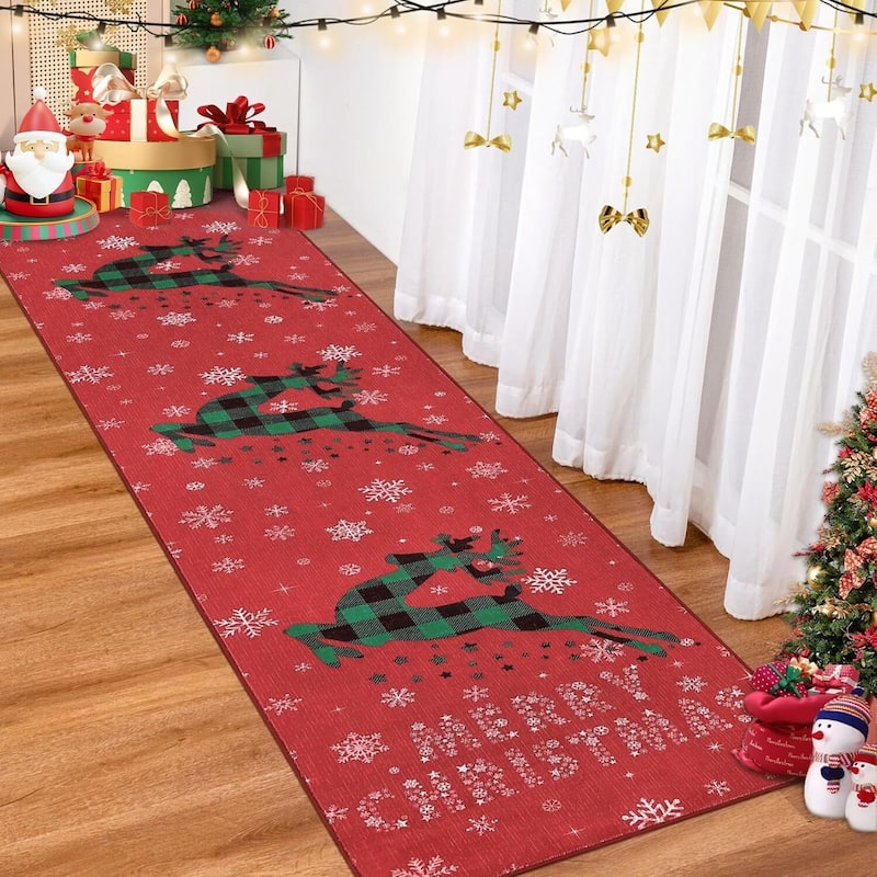 Christmas Rug with Snow Reindeer Area Rugs for Living Room, Low Pile Washable - 2*8ft