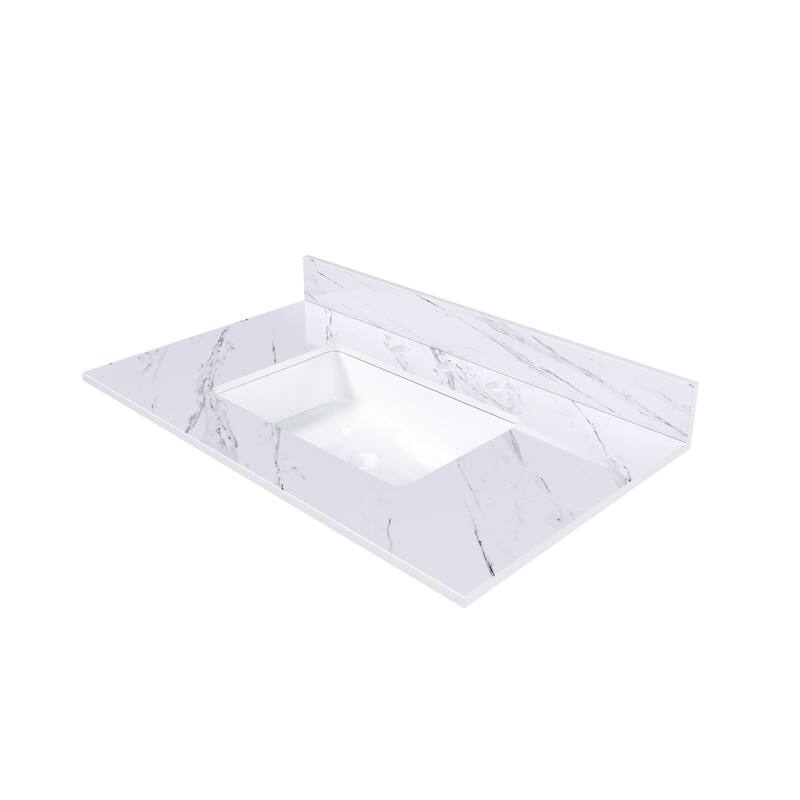 Roomfitters 37 Inch Bianco Carrara Venato Vanity Top with Rectangular Undermount Sink, Sintered Stone Counter, White