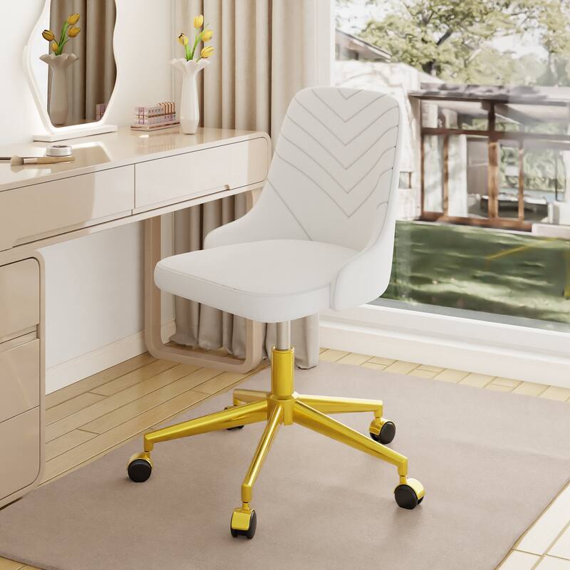 Javlergo Velvet Desk Chair with Height Adjustable Gold Base Swivel Office Chair for Office Living Room Bedroom Make Up - White
