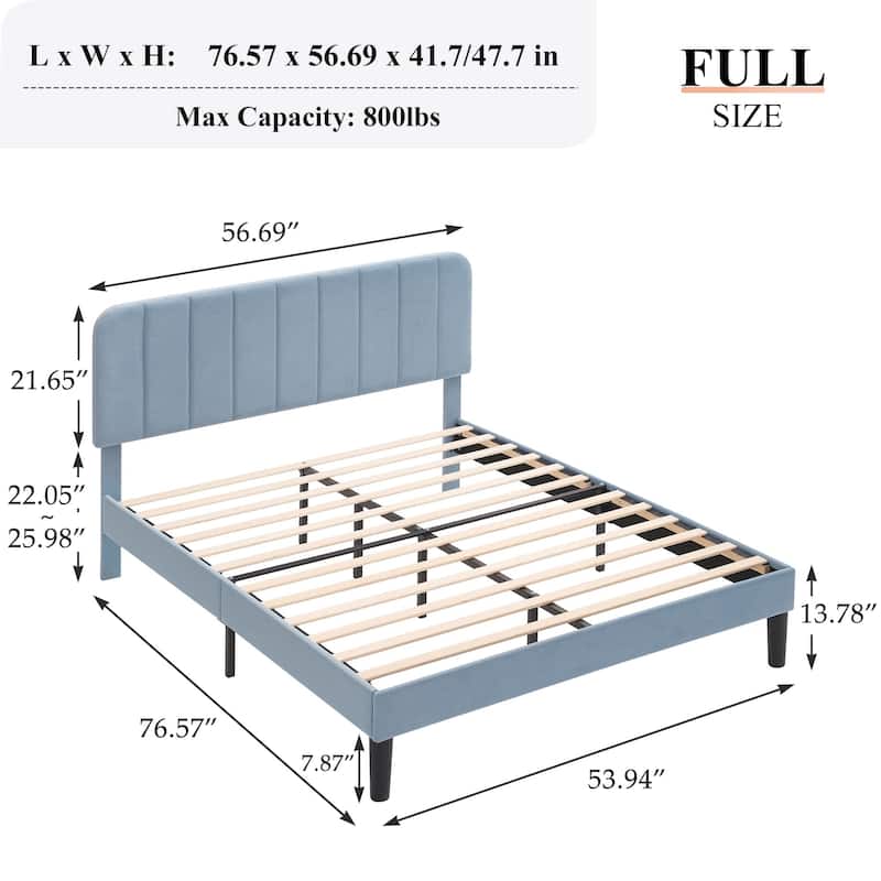 VECELO Velvet Upholstered Bed Frame with Vertical Channel Tufted Headboard, Adjustable Headboard, Wooden Slats Support