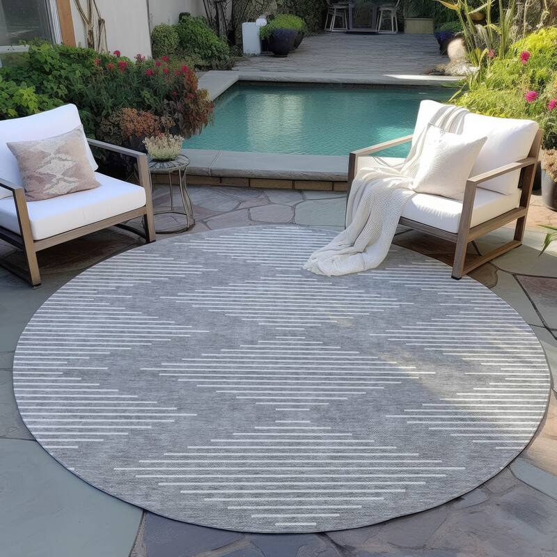 Machine Washable Indoor/ Outdoor Modern Stripe Chantille Rug - Gray - 8' x 8'