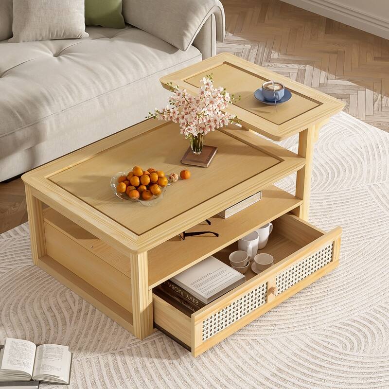 Modern Coffee Table, Coffee Table with 1 Storage Shelf, 2 Tabletops and 1 Rattan Drawer For Living Room