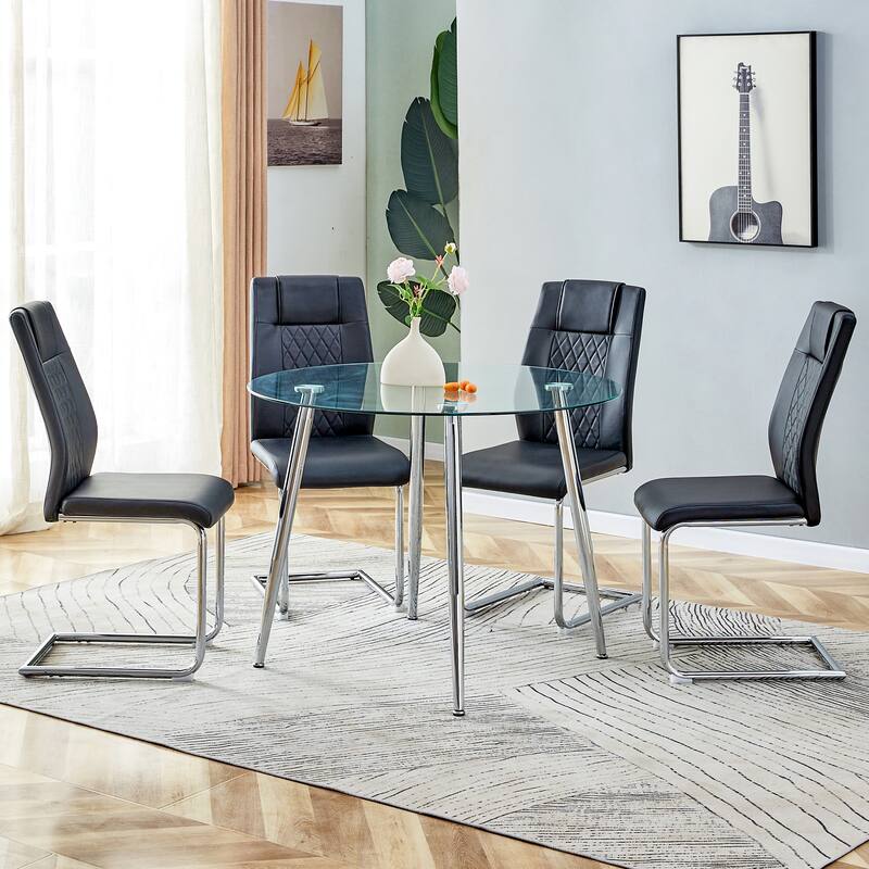 Modern 5-Piece Dining Set with Round Glass Top & 4 PU Upholstered Chairs