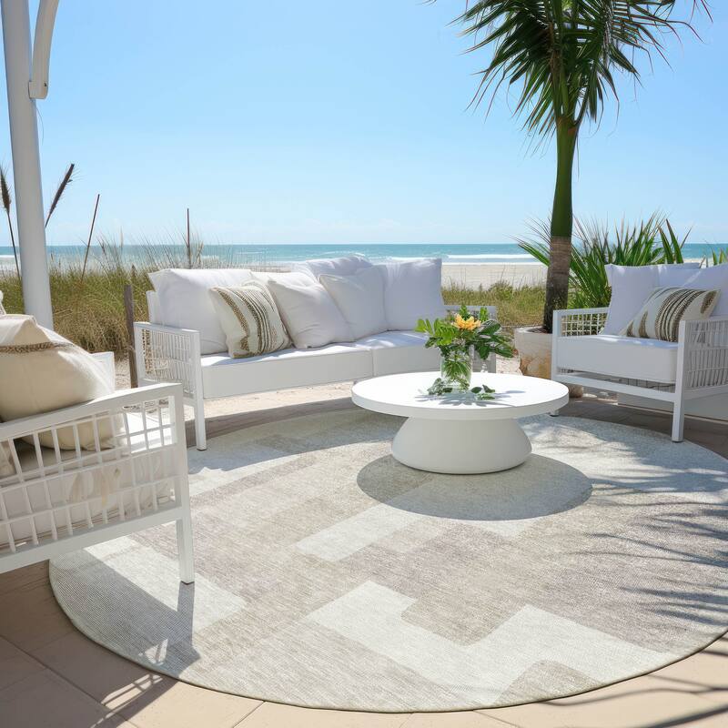 Machine Washable Indoor/ Outdoor Chantille Modern Blocks Rug - Beige - 8' x 8'