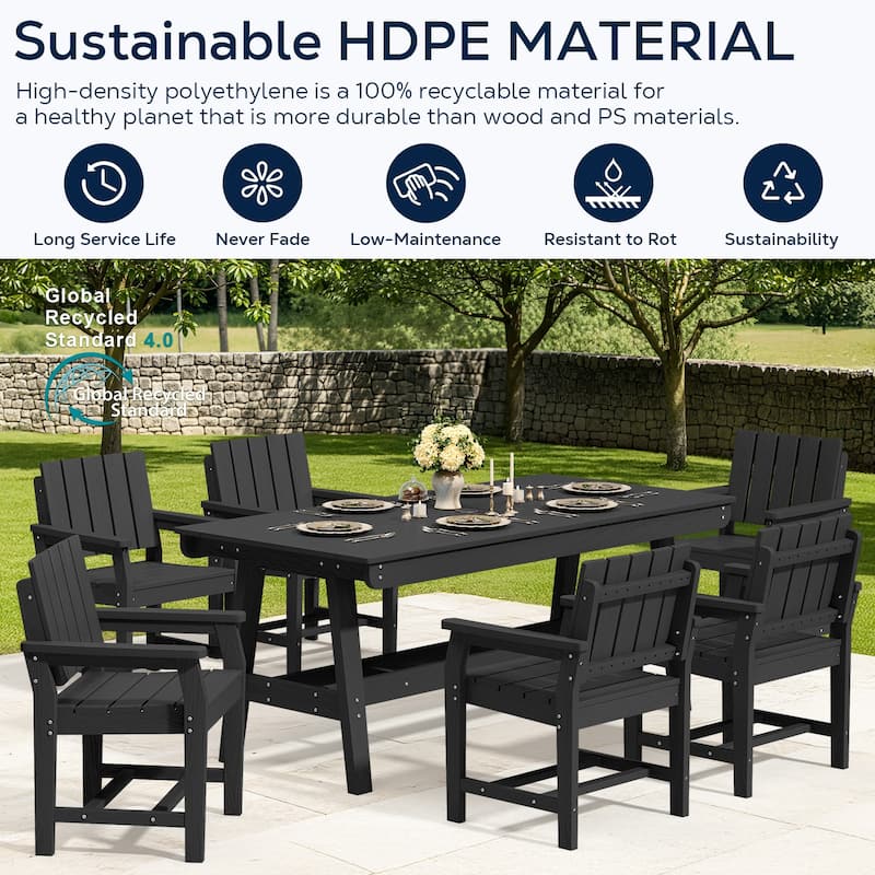 7-Piece HDPE Outdoor & Indoor Dining Set, Rectangular 67.91in W Table with Umbrella Hole and 6 Chairs Set of 7, Wood-Look Finish