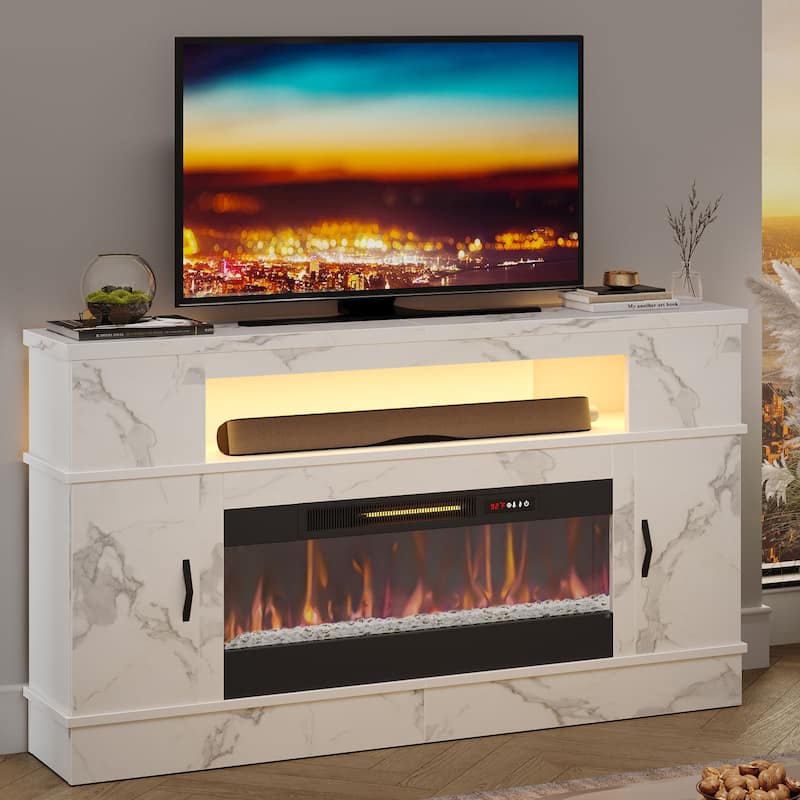 Bestier 63 in. White Marble Freestanding Electric Fireplace TV Stand Fits TV Up to 70 in. Entertainment Center with Cabinet