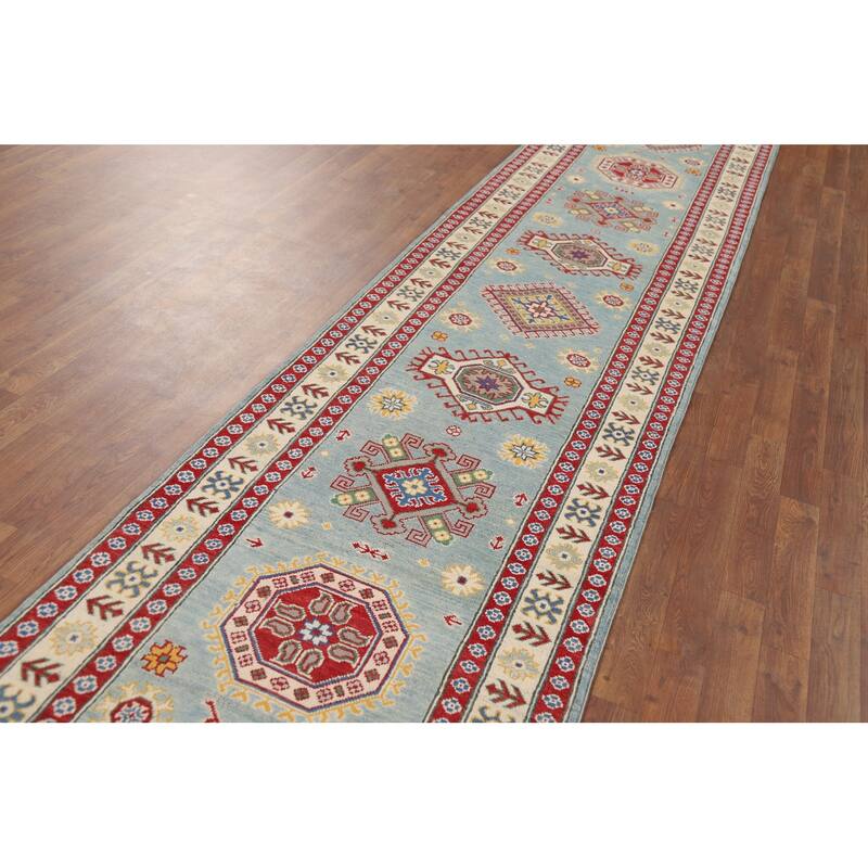 Light Blue Kazak Oriental Runner Rug Hand-Knotted Wool Carpet - 2'11" x 13'9"
