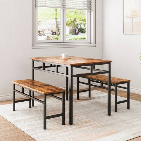 3Pieces Industrial Style Dining Table Set with 1 Table and 2 Benches