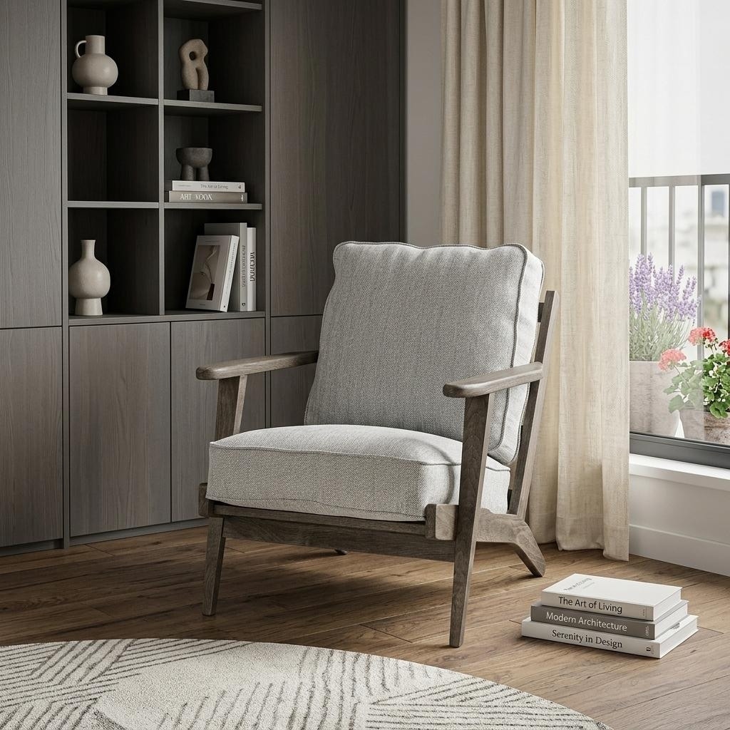 HomeRoots 31" Light Gray and Brown Fabric Lounge Chair - 31.00 in. x 32.00 in. x 28.00 in.