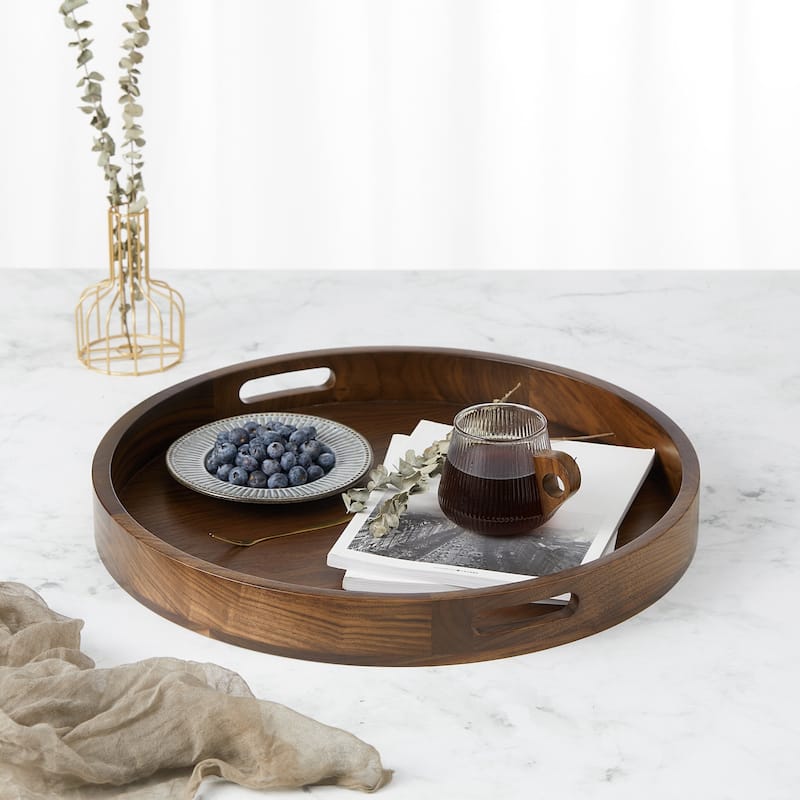 KINWELL Round Black Walnut Wood Serving Tray Ottoman Tray with Handles - 20"x20"x2.4"