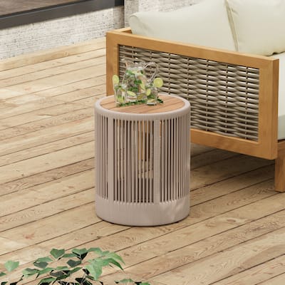 Acacia Wood & Rattan Side Table - Outdoor End Table for Patio, Garden or Balcony - Weatherproof Small Table