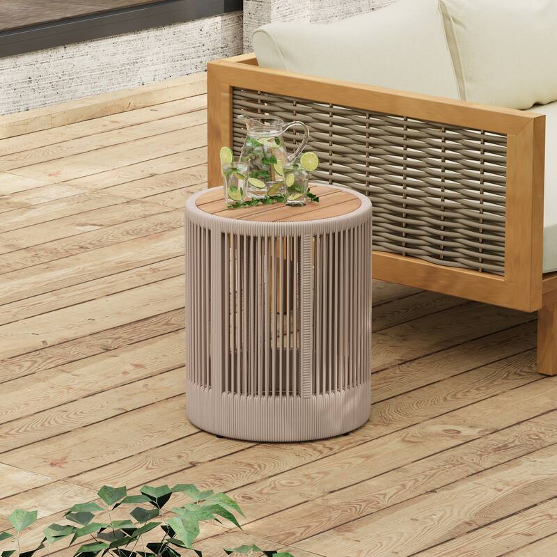 Outdoor Rattan rope & Acacia Wood Side Table - Patio Balcony Furniture for Garden, Yard, Balcony - Weather Resistant - Teak+ Beige