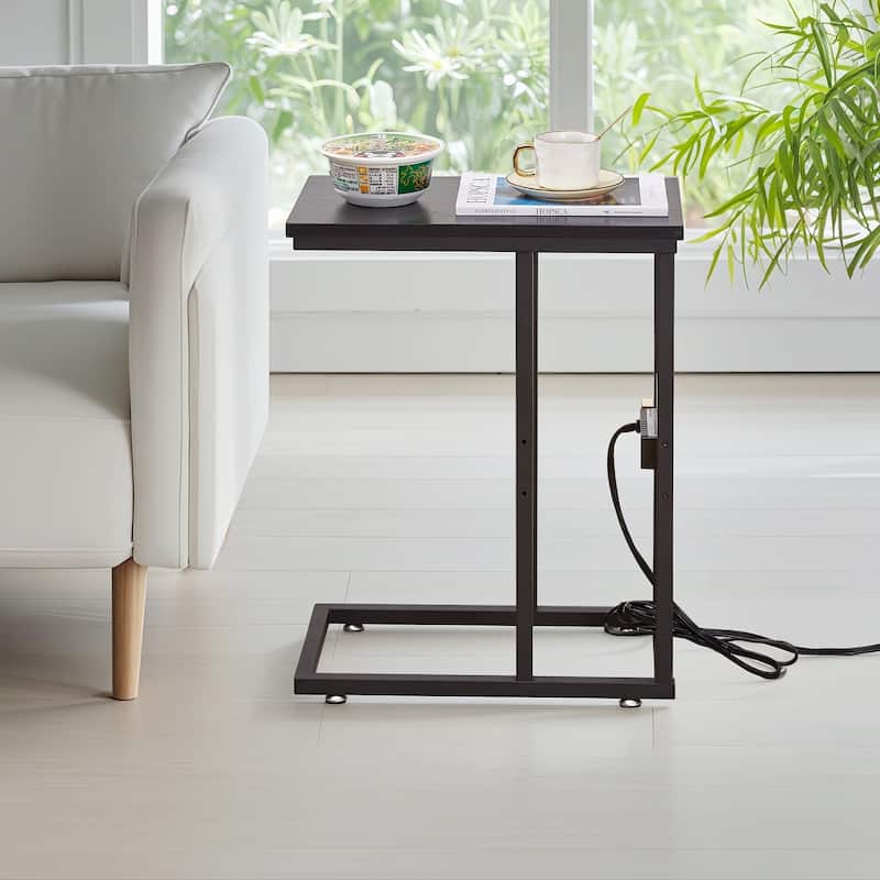 Javlergo C Shaped Side Table Small End Table with Charging Station 2 Outlets & 2 USB Ports for Small Spaces Living Room