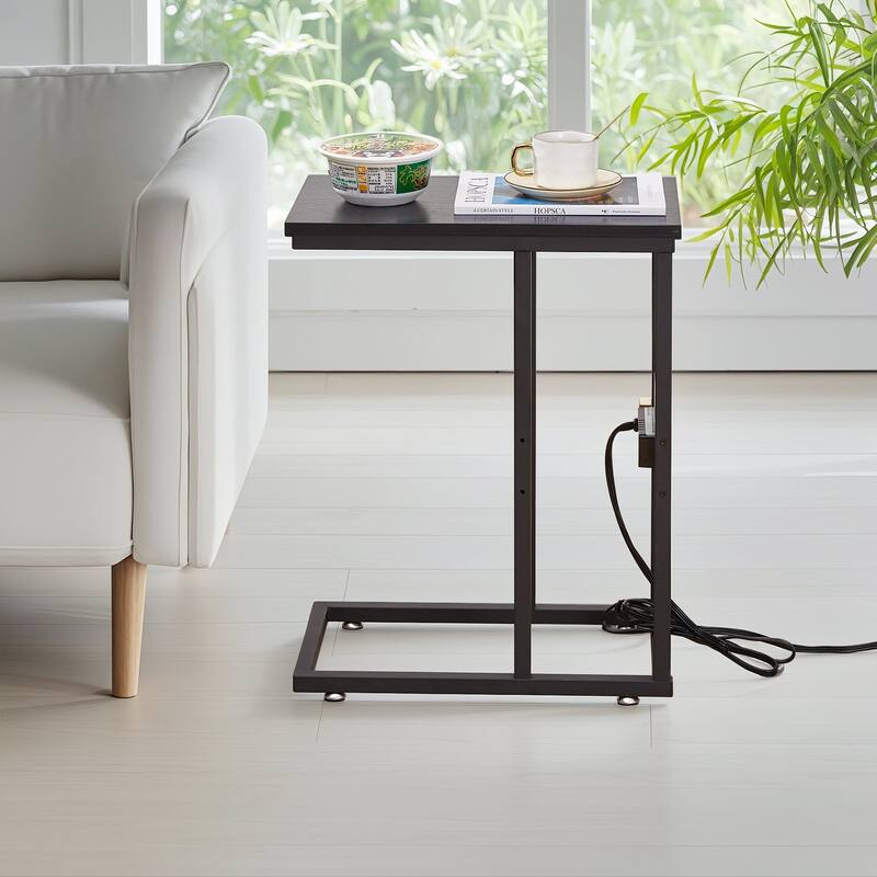 Javlergo Set of 2 C-Shaped End Tables with Charging Station Outlets & USB Fits Sofa Bed for Small Spaces Nightstand & Sofa Table