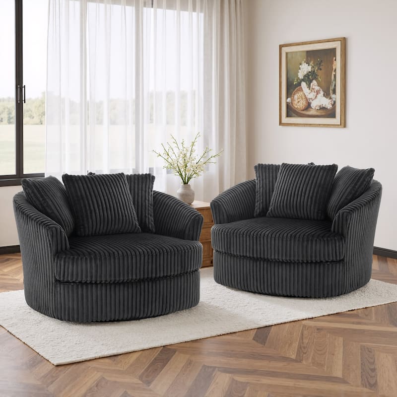 UIXE Oversize 43" Plush Corduroy Swivel Barrel Chair Comfy Accent Chair For Living Room - Dark Grey/2 Set