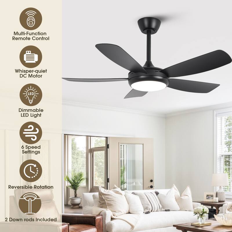 42" Modern Black Stepless Dimming LED Easy Installation 5-Blades Ceiling Fan with Light and Remote