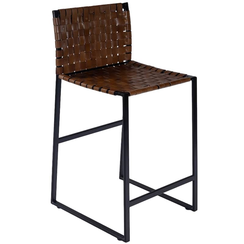 Brown Leather Tall Bar Stool with Full Back, Black Iron Frame and Footrest - Brown 36"