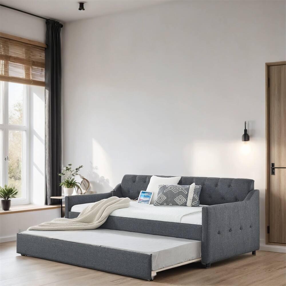 Twin Size Linen Upholstery DayBed with Twin Trundle and USB Charging