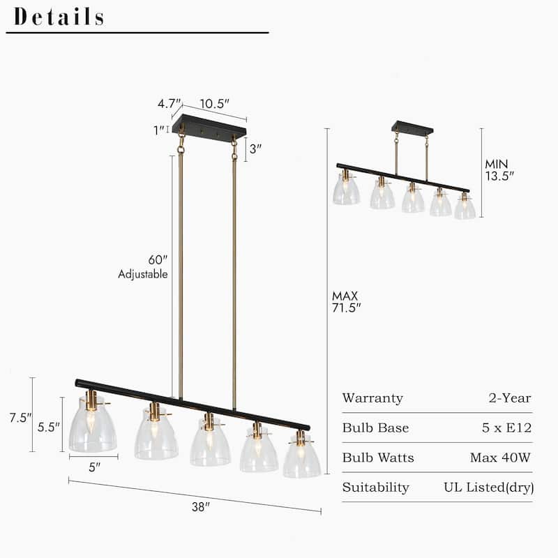 Modern Farmhouse 5-Light Black Gold Chandelier Linear Island Pendant Light for Dining Room - 38"L x 5"W x 7.5"H