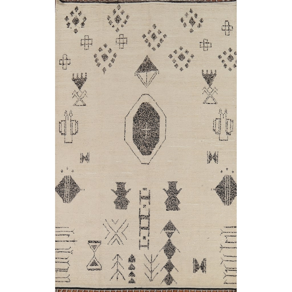 Ivory Geometric Moroccan Area Rug Handmade Wool Carpet - 6'10"x 10'10"