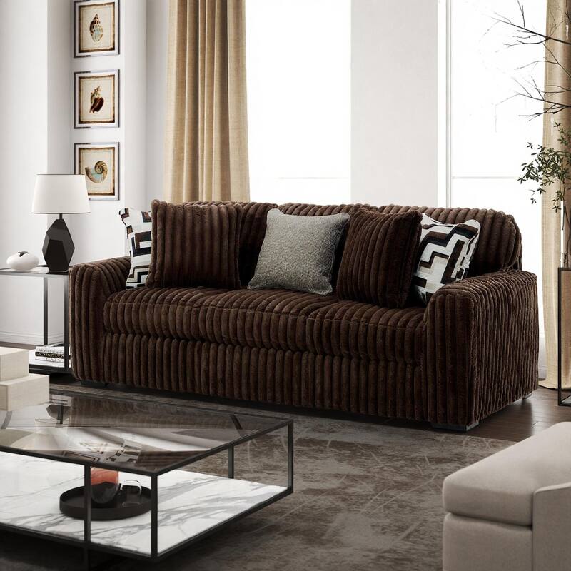 Roundhill Furniture Solenne Oversized Modern Sofa with Jumbo Corduroy Upholstery, Reversible Cushions, and Five Accent Pillows