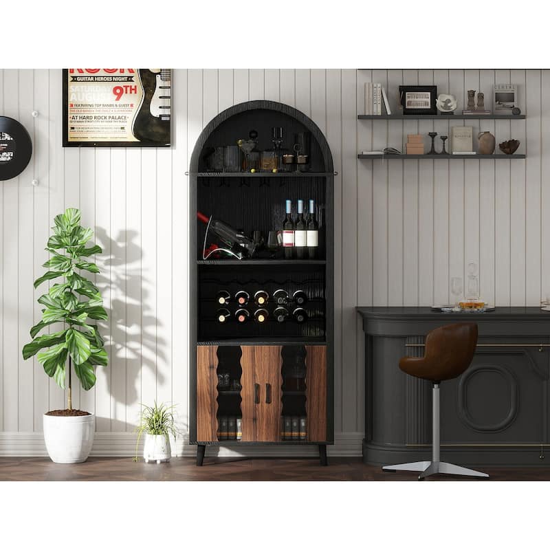 71"Farmhouse Arched Wine Bar Cabinet, Arch Cabinets &Coffee Bar, Whiskey Station With Wine Rack And Wine Glass Holder
