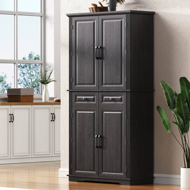 71" Tall Kitchen Pantry Cabinet with 3 Pull Out Cabinet Organizers, Farmhouse Embossed Texture Storage Cabinet