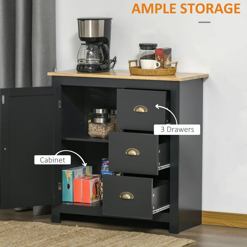 HOMCOM Modern Floor Cabinet, Storage Sideboard, Kitchen Buffet Table w/ Rubberwood Top, 3 Drawers and Cabinet