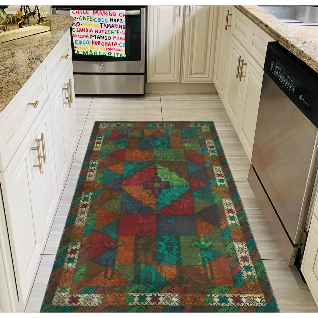 Vintage Rainbow-Dye Adkins Orange/Turquoise Rug - 3'9" x 6'8"