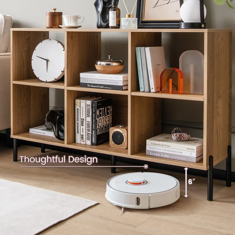 Modern Open Back Engineered Wood 6-Cube Bookshelf with 2 Adjustable Shelves and Metal Legs - 47" x 14" x 31.5" (L x W x H)