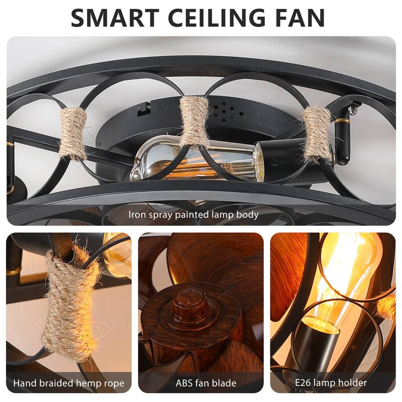 20 in. Indoor Caged Ceiling Fan with Lights Remote Control 6 Blades, Low Profile Flush Mount Ceiling Fan,4 LED Bulbs Include
