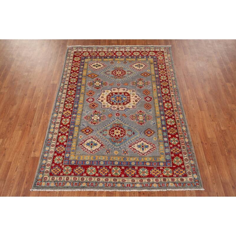Gray Geometric Kazak Oriental Area Rug Hand-Knotted Wool Carpet - 4'11" x 6'10"