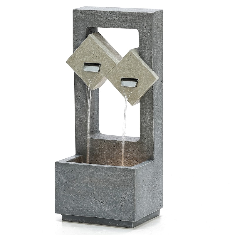 Cascading Grey Resin Rectangular Outdoor Fountain with LED Lights