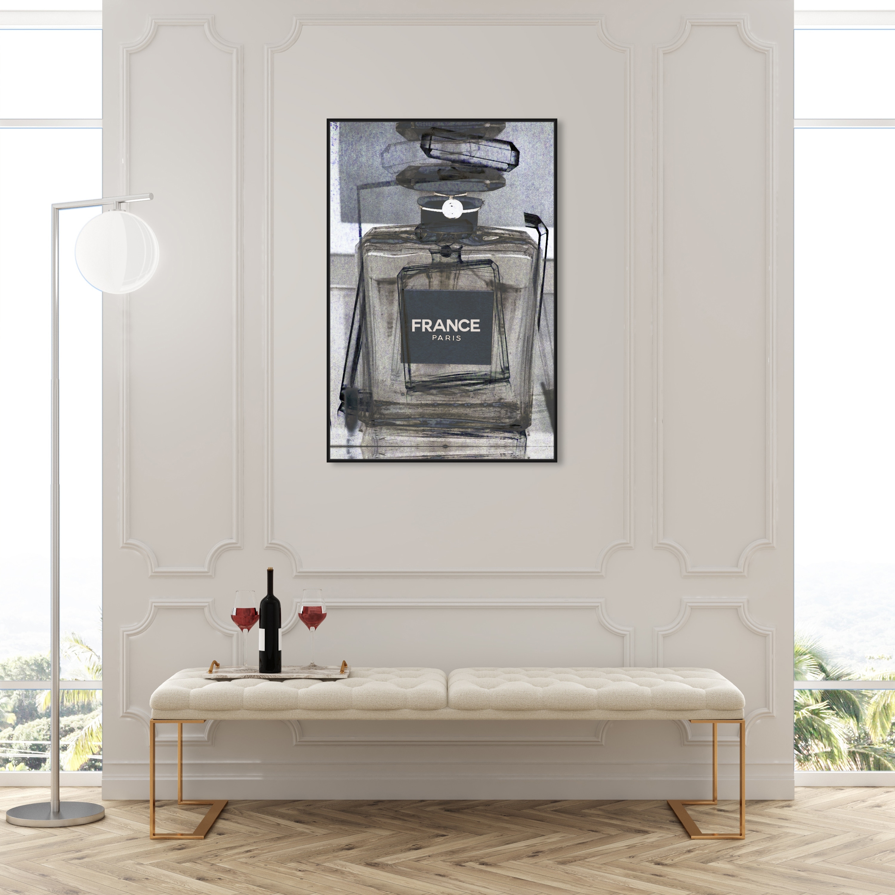 Framed Canvas Art (White Floating Frame) - Black and Pink Perfume Bottle by Amanda Greenwood ( Fashion > Hair & Beauty > Perfume Bottles art) - 26x26