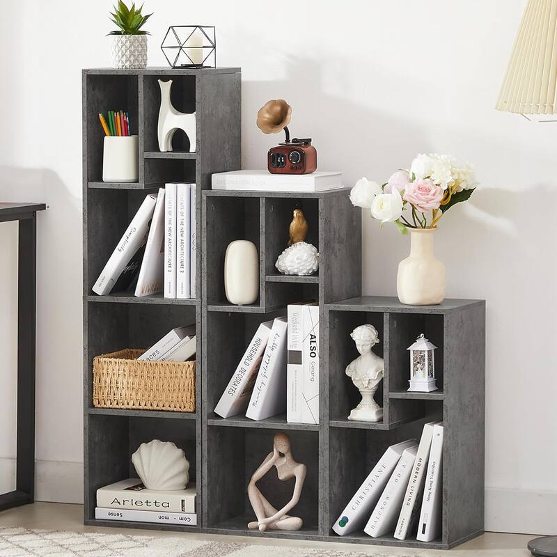 VECELO Wood Organizer Bookcase,Fits Tallest Hardcovers, Customized Storage Display Shelf, Free Standing for Living Room, Bedroom - 12 Cube - Grey