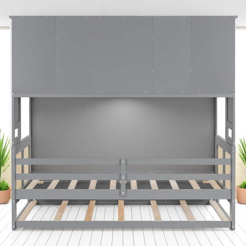 Wooden Twin/Full Daybed with Trundle Bed, Storage Shelves and Cabinet, No Box Spring Required, Rattan Design
