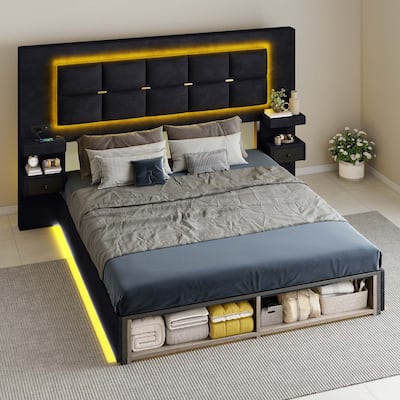 Queen Size Velvet Bed Frame with Upholstered Headboard LED Lighting and Built-in Charging Station for Modern Bedroom Luxury
