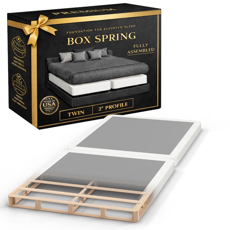 Box Spring Bed Base, 2" Wood Foundation, Quiet Noise Free, 2-Pieces Under Mattress-Support Box Spring, Fully Assembled, White - White - Twin