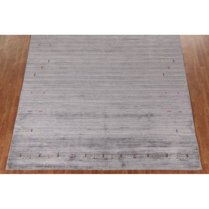 Striped Gabbeh Indian Area Rug Hand-Knotted Grey Wool Carpet - 9'0"x 11'8"
