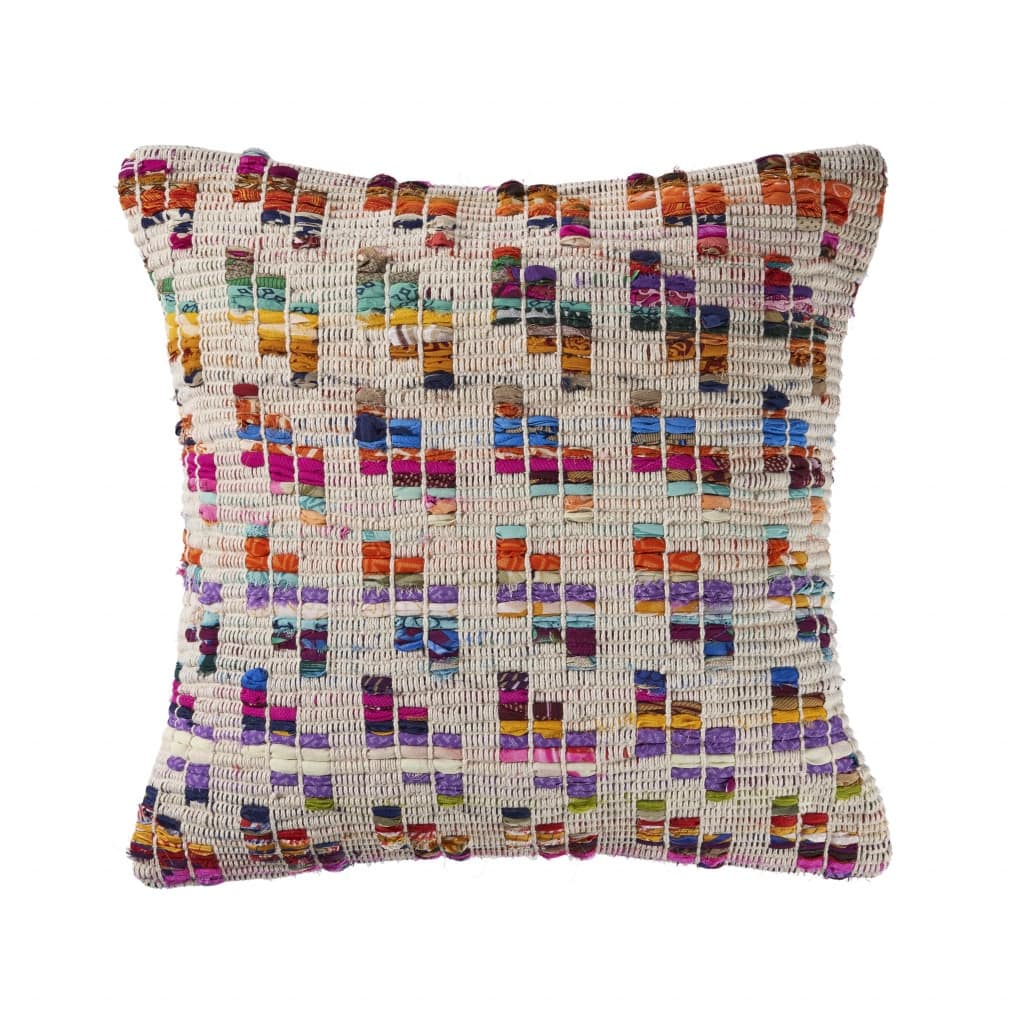 HomeRoots 20" X 20" Beige Red Green Blue Yellow Orange And Pink 100% Cotton Geometric Zippered Pillow