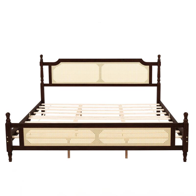 King Pine wooden Bed with Rattan Headboard and Footboard, with Central Enhanced Bed Platform